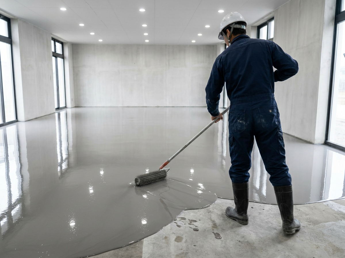 Pekerja meratakan material self leveling